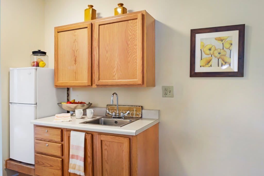 A small kitchen space featuring wooden cabinets, a sink, and decorative items.