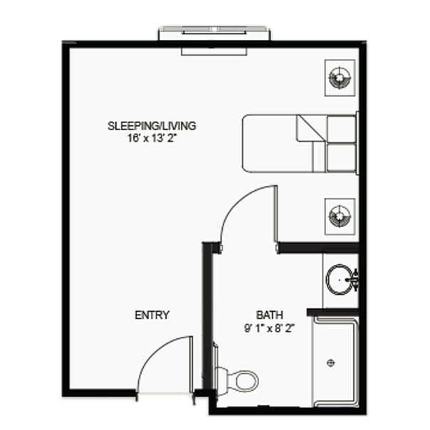 Floor plan of a studio apartment with sleeping area, kitchen, and bathroom.