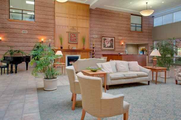 A modern lobby area with comfortable seating and stylish decor.