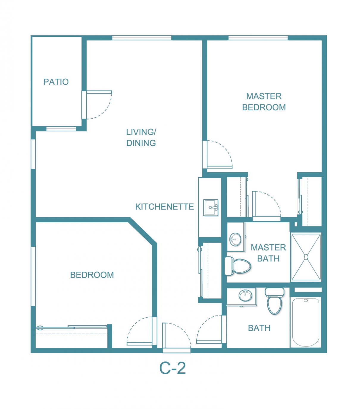 A floor plan for a two-bedroom apartment with a kitchen, living/dining area, and two bathrooms.