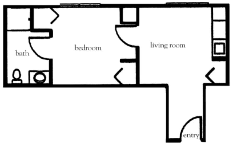 Floor plan showing a layout with a bedroom and a living room.
