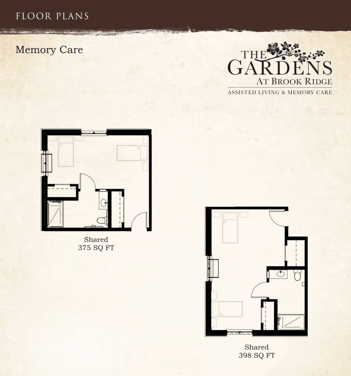 Floor plans for memory care units at The Gardens, displaying two different layouts with specific square footage.