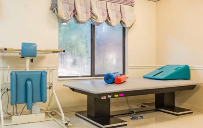 A therapy room featuring a treatment table and exercise equipment by the window.