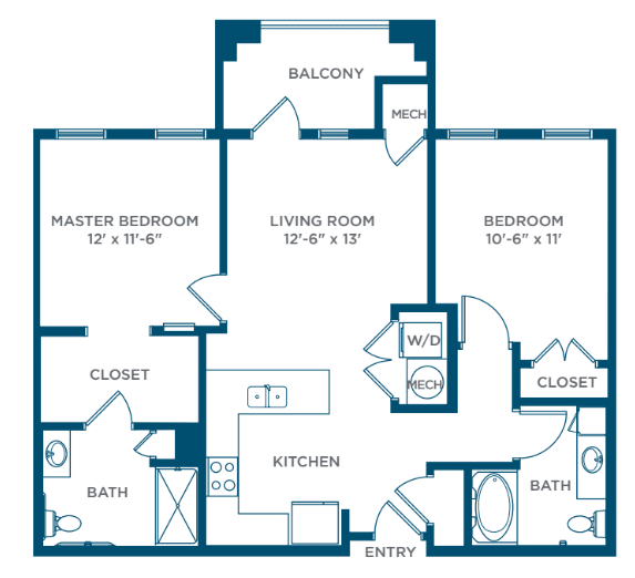 A two-bedroom apartment floor plan with designated areas for a kitchen, living room, balcony, and bathrooms.