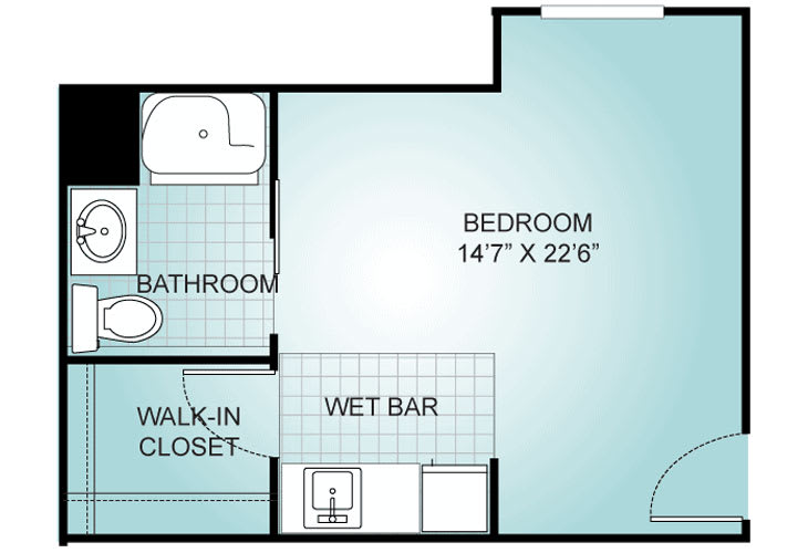 A floor plan depicting a bedroom suite with a bathroom, walk-in closet, and wet bar.