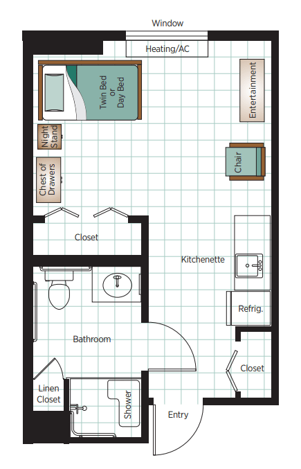 An apartment floor plan illustrating a one-bedroom layout with designated spaces for the living room, kitchen, bathroom, and bedroom.