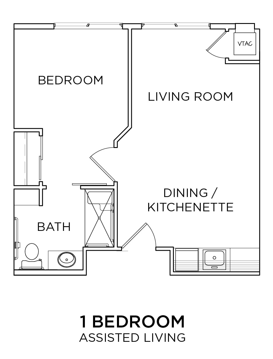 A floor plan of an apartment featuring a bedroom, living room, dining area with kitchenette, and a bathroom.