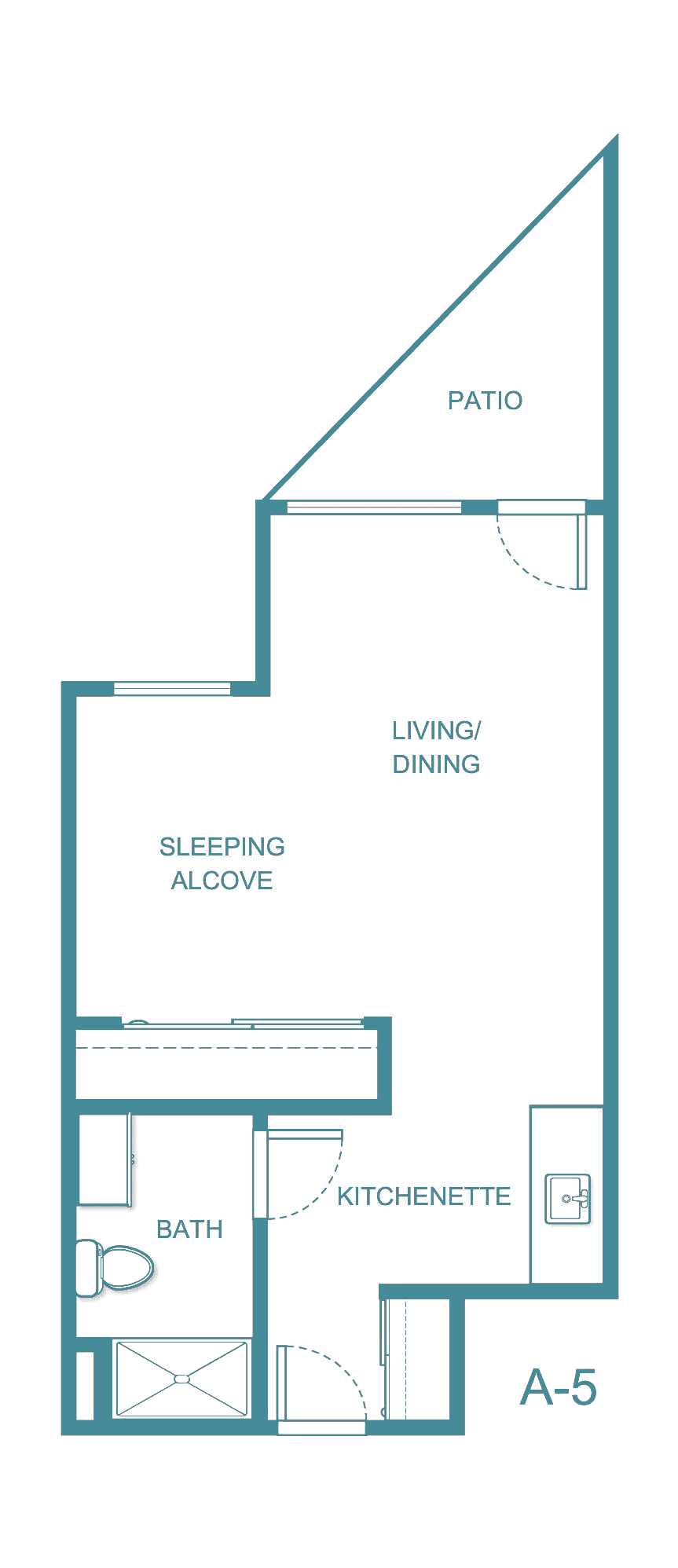 Studio apartment floor plan with living/dining area and sleeping alcove.