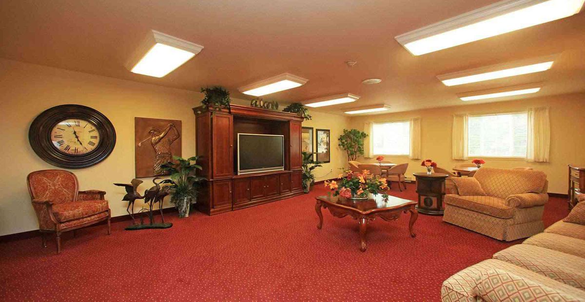 A cozy living room with a television, coffee table, and plants on a red carpet.