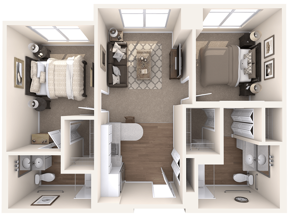 A detailed floor plan of a two-bedroom apartment with furniture placement.