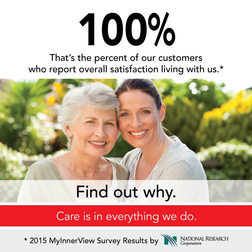 Advertisement highlighting 100% customer satisfaction in senior living services.