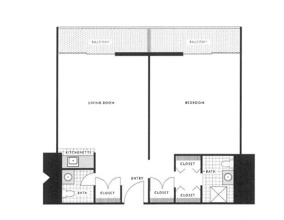 A floor plan layout of an apartment featuring a living room, bedroom, kitchen, and bathroom.