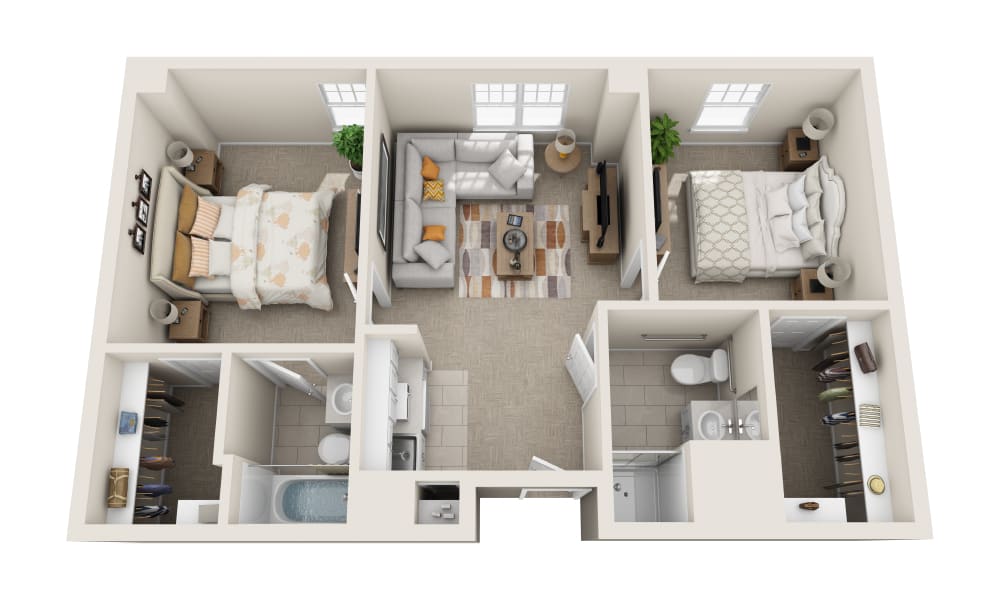 A 3D rendered floor plan of a two-bedroom apartment with a living room, kitchen, and bathrooms.