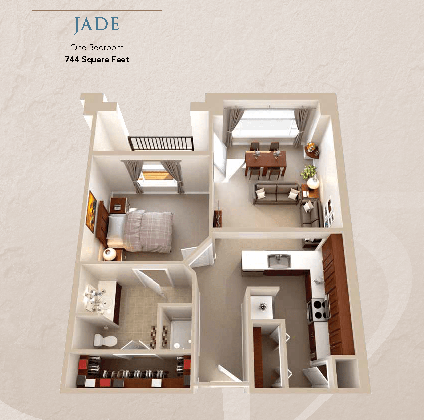 3D floor plan of a Jade one-bedroom apartment layout.