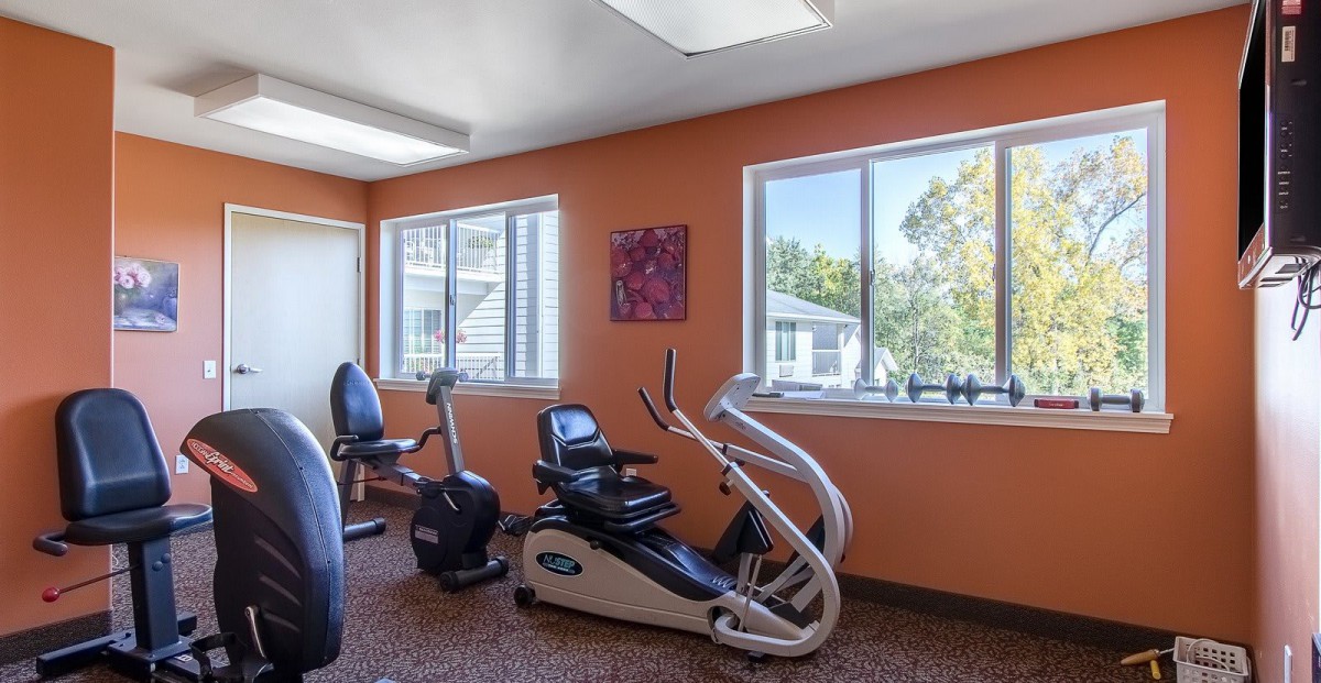 A bright home gym with orange walls featuring a treadmill and stationary bike.