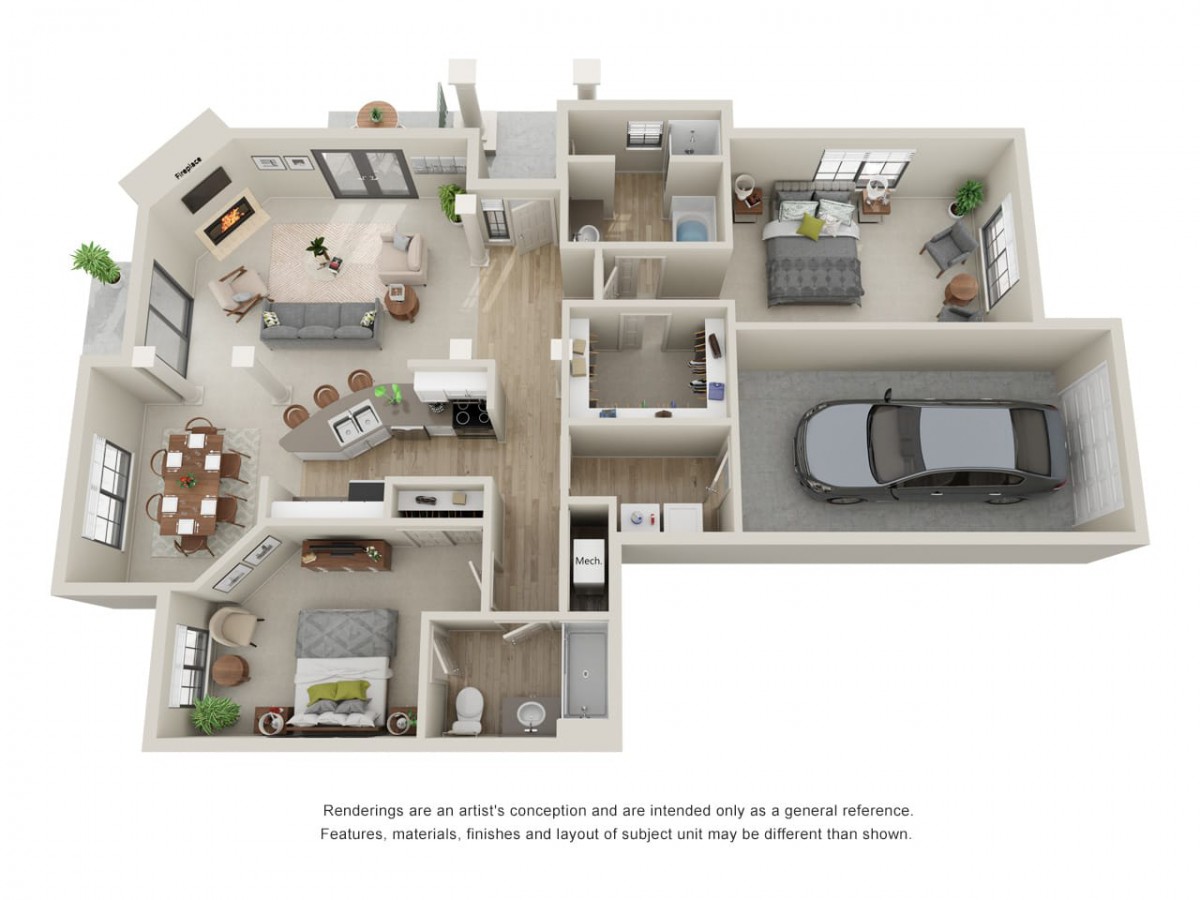 3D floor plan showcasing a modern two-bedroom apartment with an open living and dining area, kitchen, bathrooms, and garage.