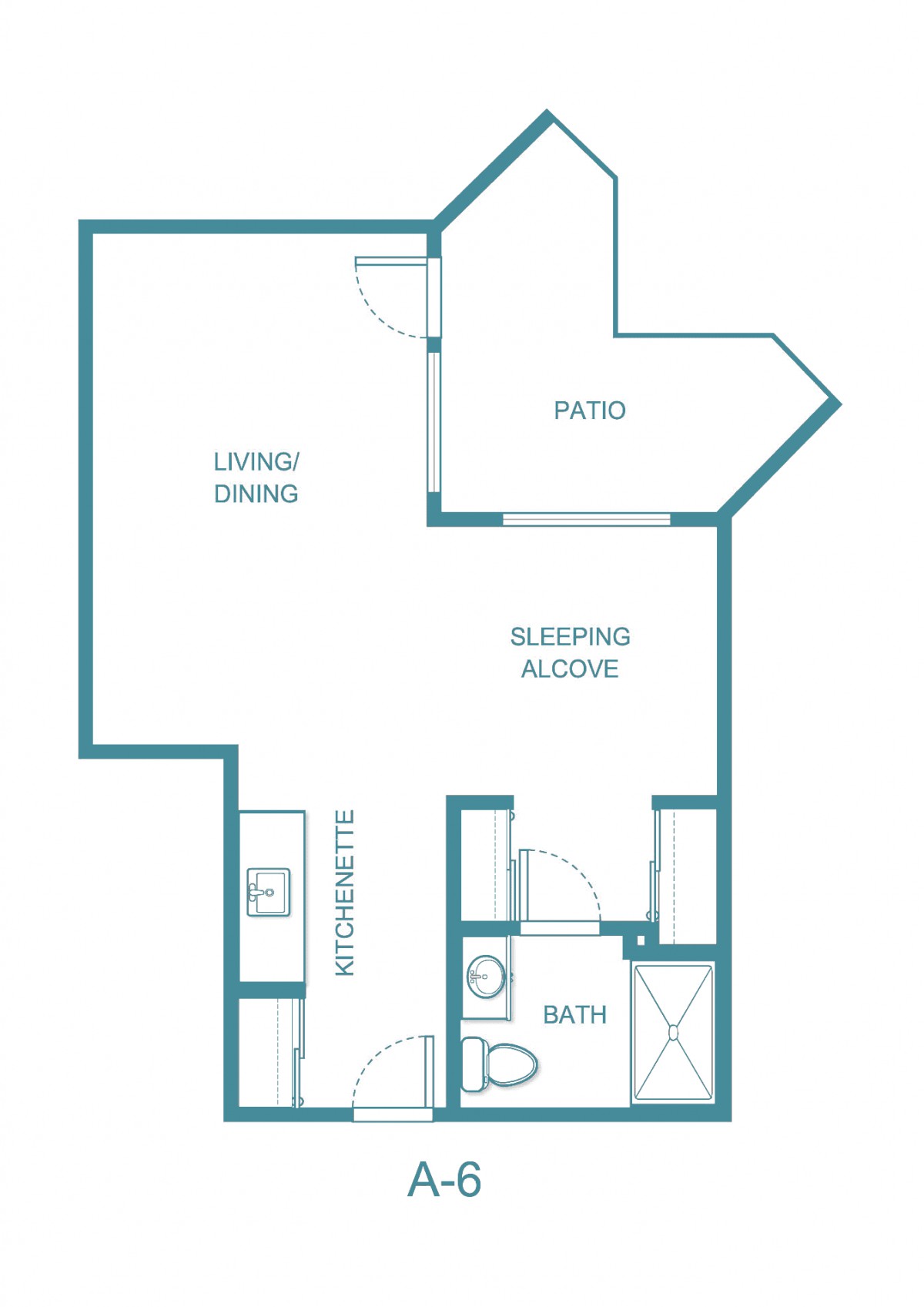Studio apartment floor plan with a patio, kitchen, dining area, sleeping alcove, and bathroom.
