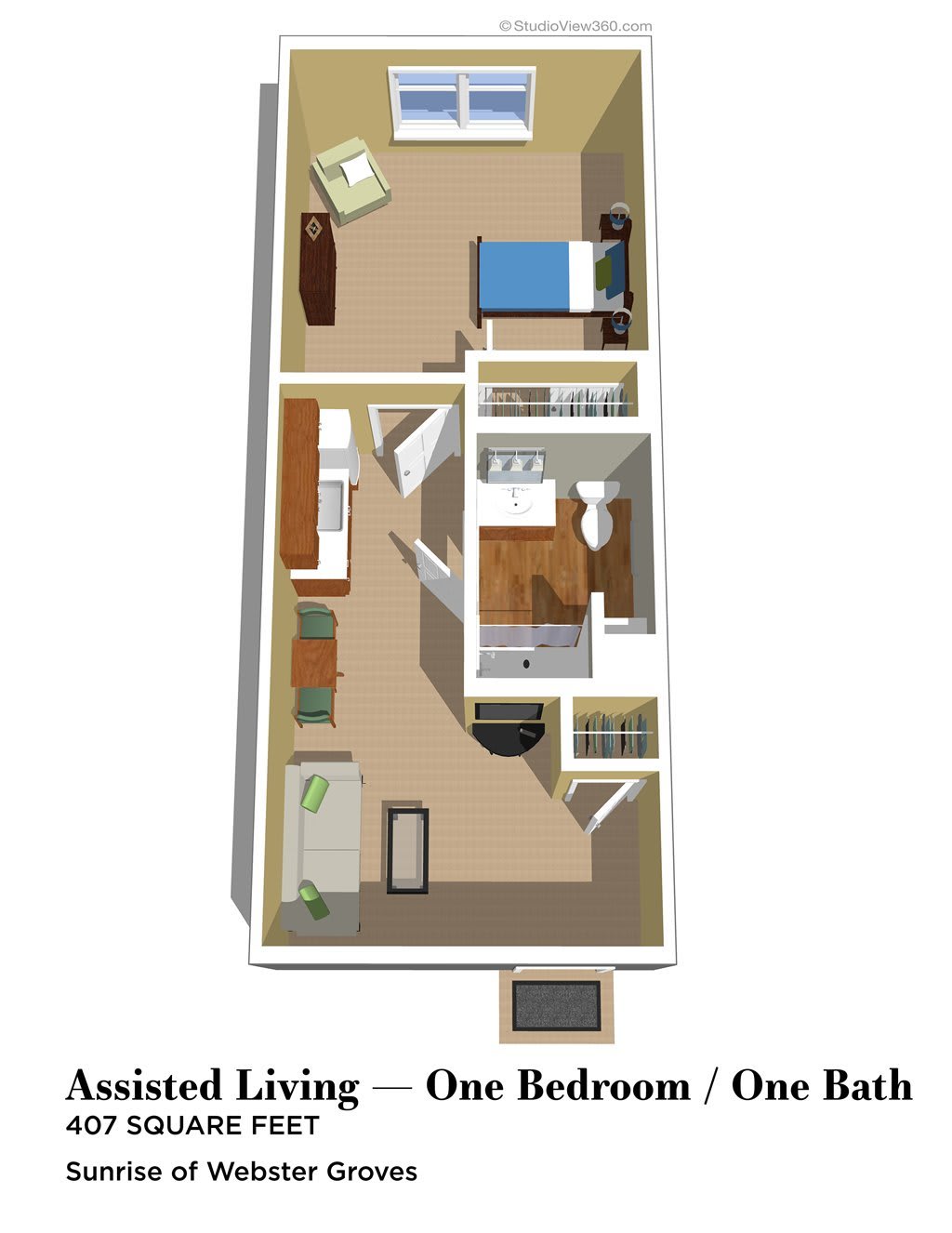 A floor plan of an assisted living unit with one bedroom and one bathroom.