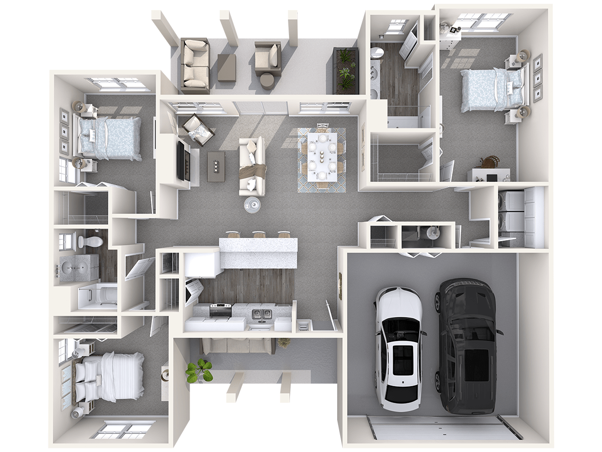 3D floor plan featuring an open concept design with multiple bedrooms and a garage.