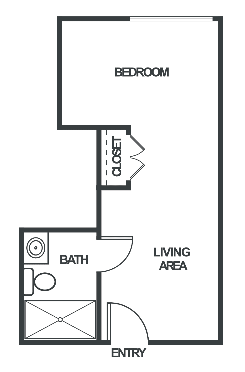 This image depicts a simple apartment floor plan featuring a bedroom, bathroom, living area, and closet.