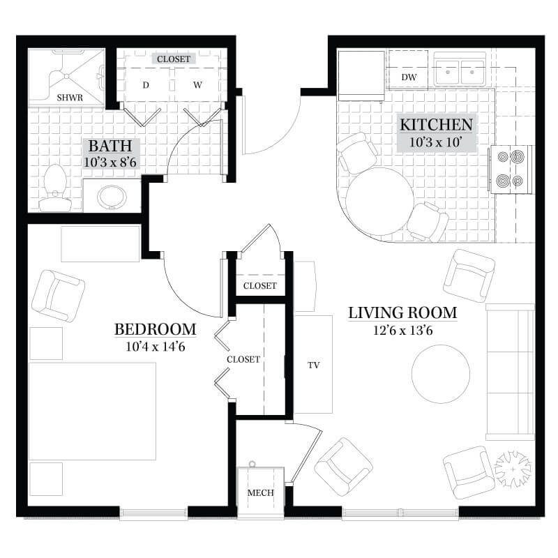 Floor plan of a one-bedroom apartment featuring a living room, kitchen, bathroom, and bedroom.