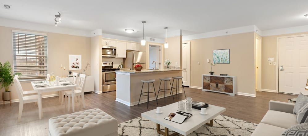 Modern open-concept kitchen and living room with elegant furnishings.
