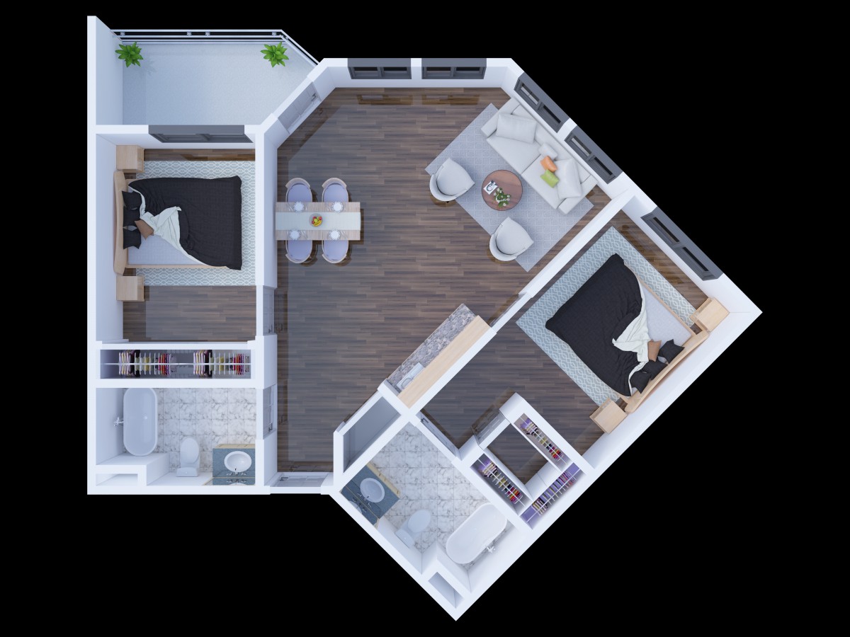 An overhead view of a modern apartment floor plan, showcasing the layout of rooms including bedrooms, living area, dining space, and bathroom.