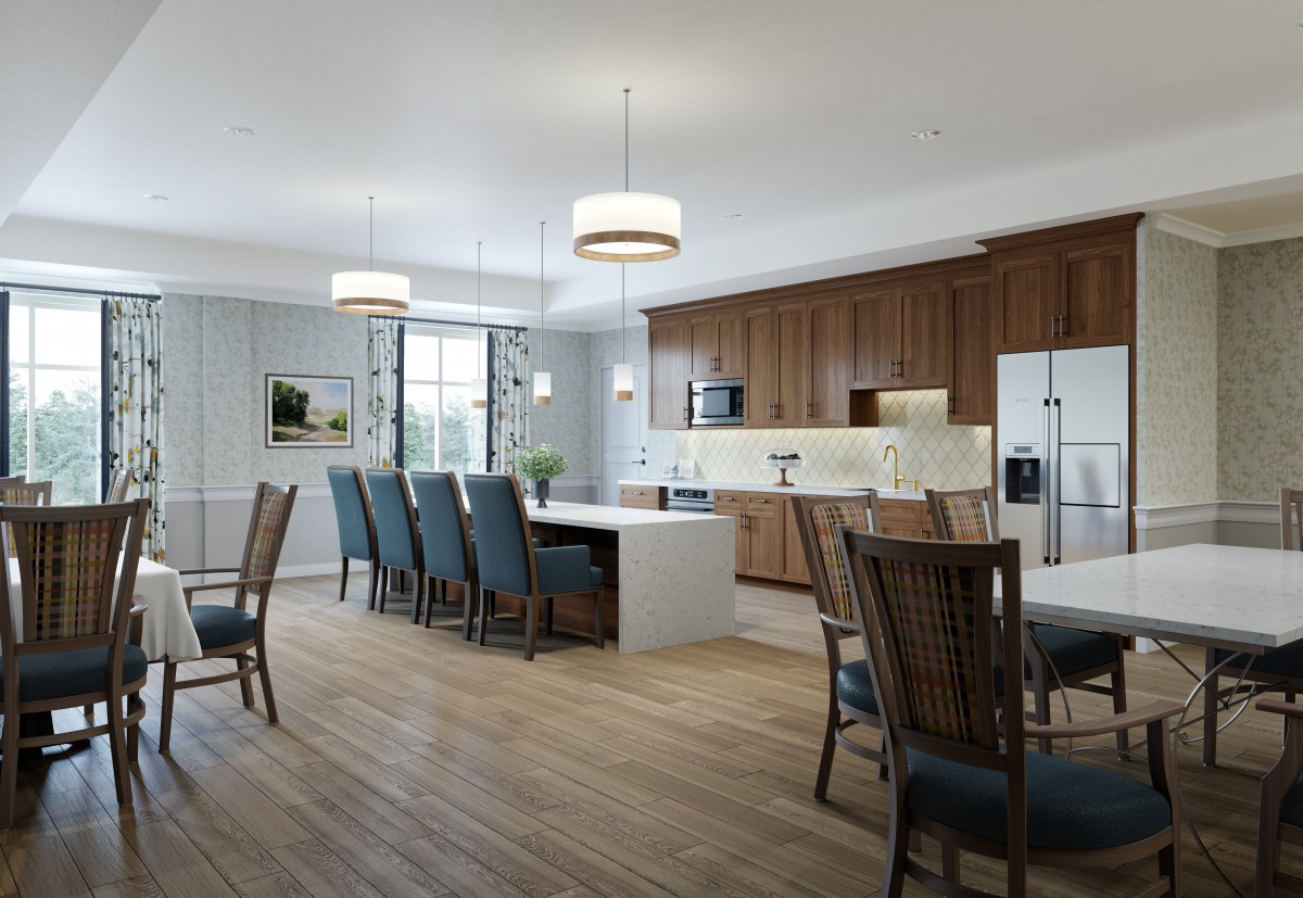 A spacious modern kitchen and dining area featuring wooden cabinets, an island countertop, and elegant pendant lighting.