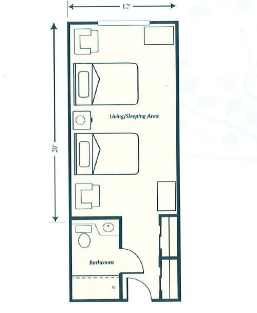 Diagram of a small apartment floor plan with a living/sleeping area and bathroom.