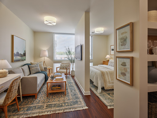 A cozy and modern living space seamlessly blending a living room and bedroom, adorned with warm lighting and stylish decor.