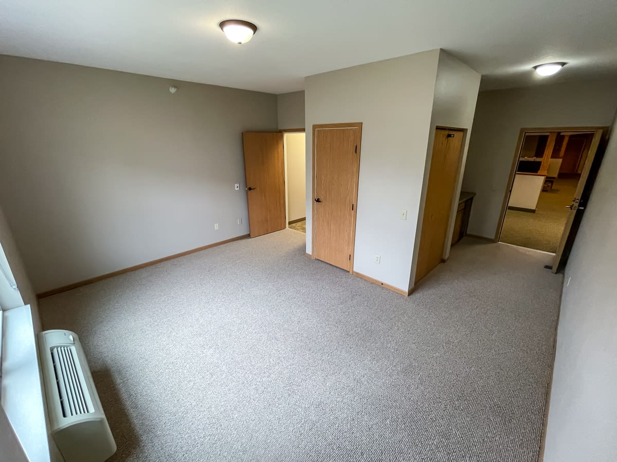 An empty room with carpet flooring and multiple doors leading to different areas.