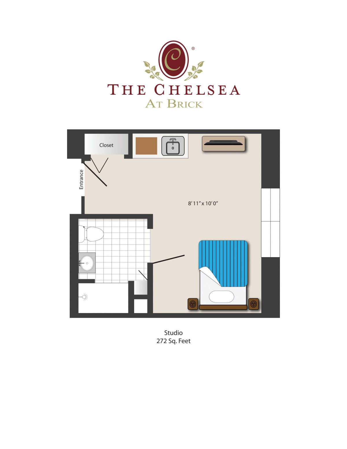 Floor plan of a studio apartment at The Chelsea, featuring a living area, kitchen, and bathroom.