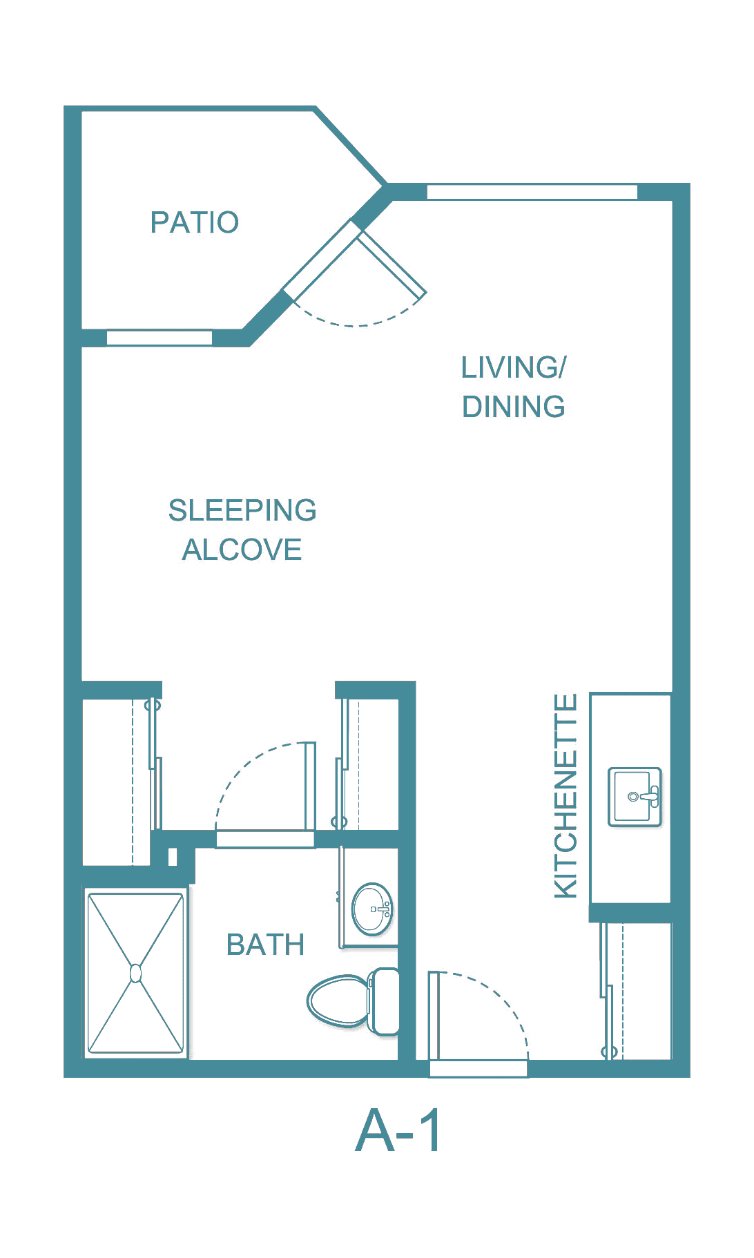 Studio apartment floor plan with kitchenette, living/dining area, sleeping alcove, and bathroom.