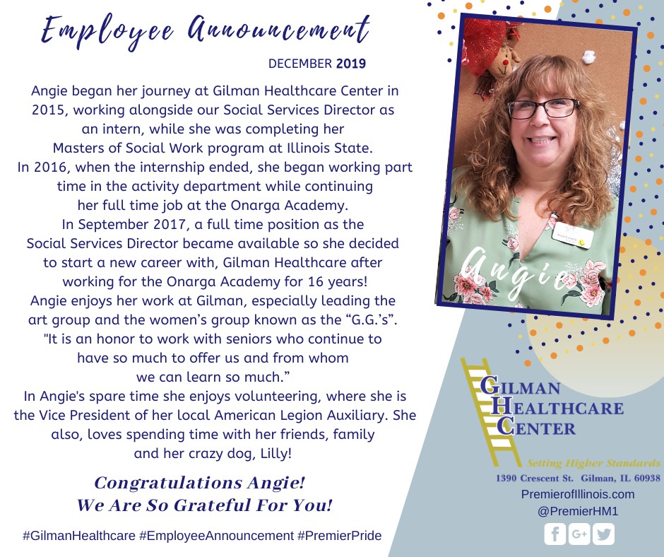Employee recognition announcement for Angie at CHCC, celebrating her achievements in healthcare service.
