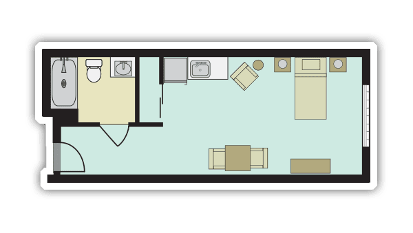 A floor plan of a compact studio apartment featuring a bathroom, kitchenette, sleeping area, and dining table.