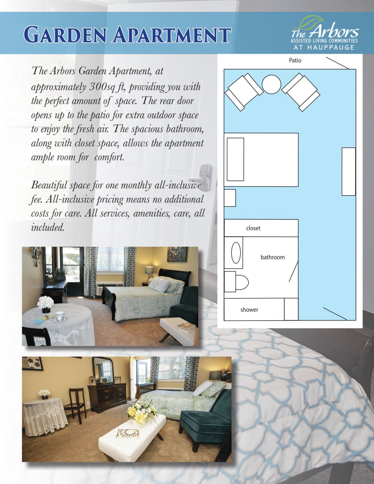Studio apartment layout with furniture and interior details.