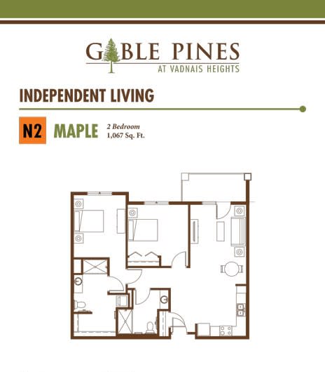 Floor plan for a 2-bedroom independent living apartment at Gable Pines.