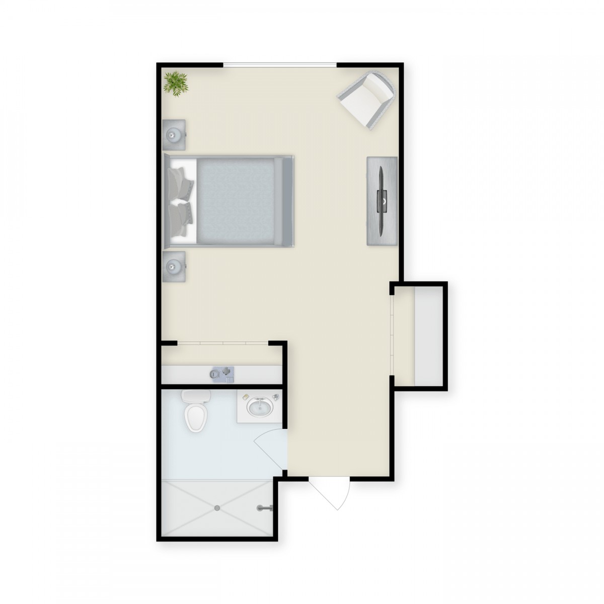 A floor plan of a studio apartment layout showing a combined living and sleeping area.