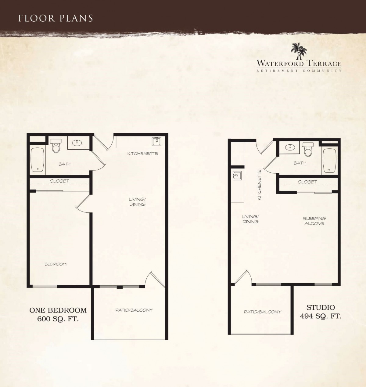 Floor plans for one and two-bedroom apartments at Mountain Trace.