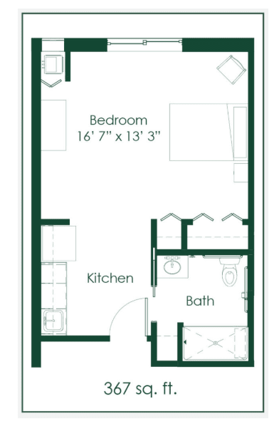 A simple floor plan of an apartment with a bedroom, kitchen, and bathroom.