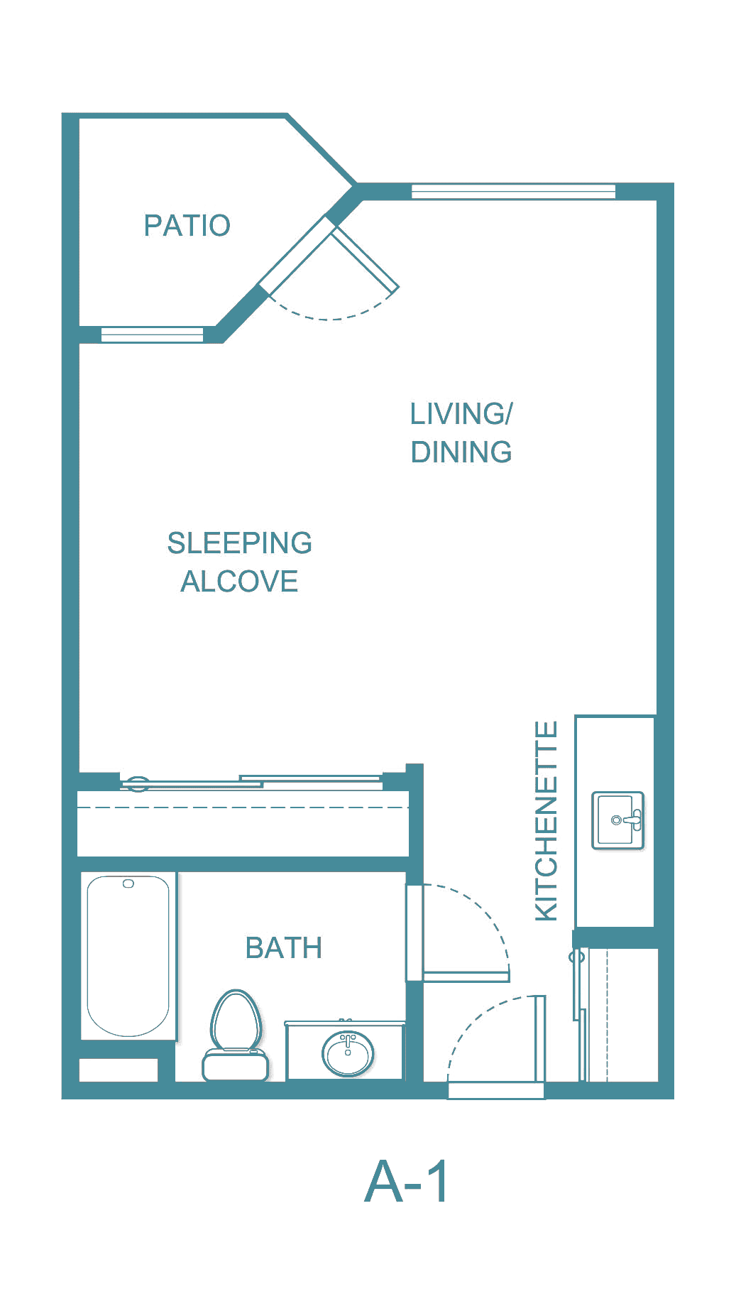 Studio apartment floor plan featuring a sleeping alcove, living/dining area, kitchenette, and bathroom.