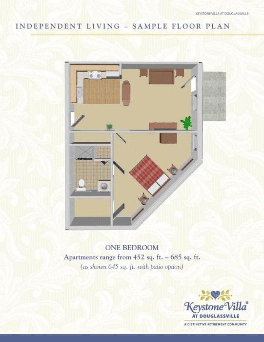 One-bedroom apartment floor plan with dimensions ranging from 652 sq ft to 695 sq ft.