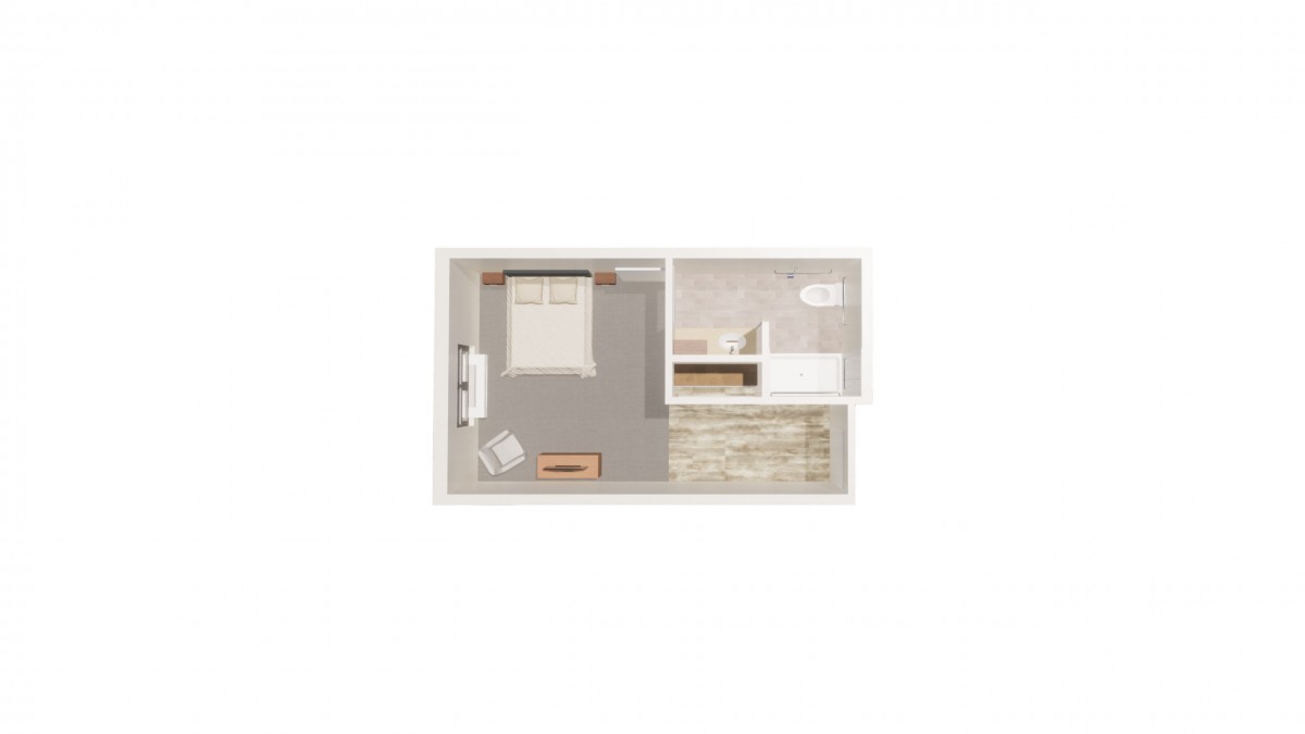 A small apartment floor plan featuring a bedroom and bathroom.