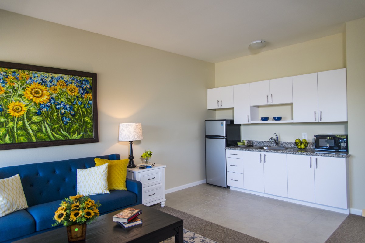 A modern apartment interior featuring a cozy living room with a blue sofa and a compact kitchenette.