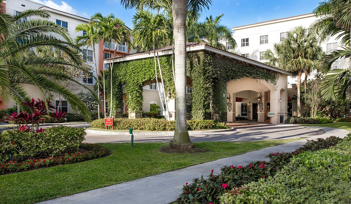 A building entrance adorned with ivy, surrounded by palm trees and well-maintained landscaping.
