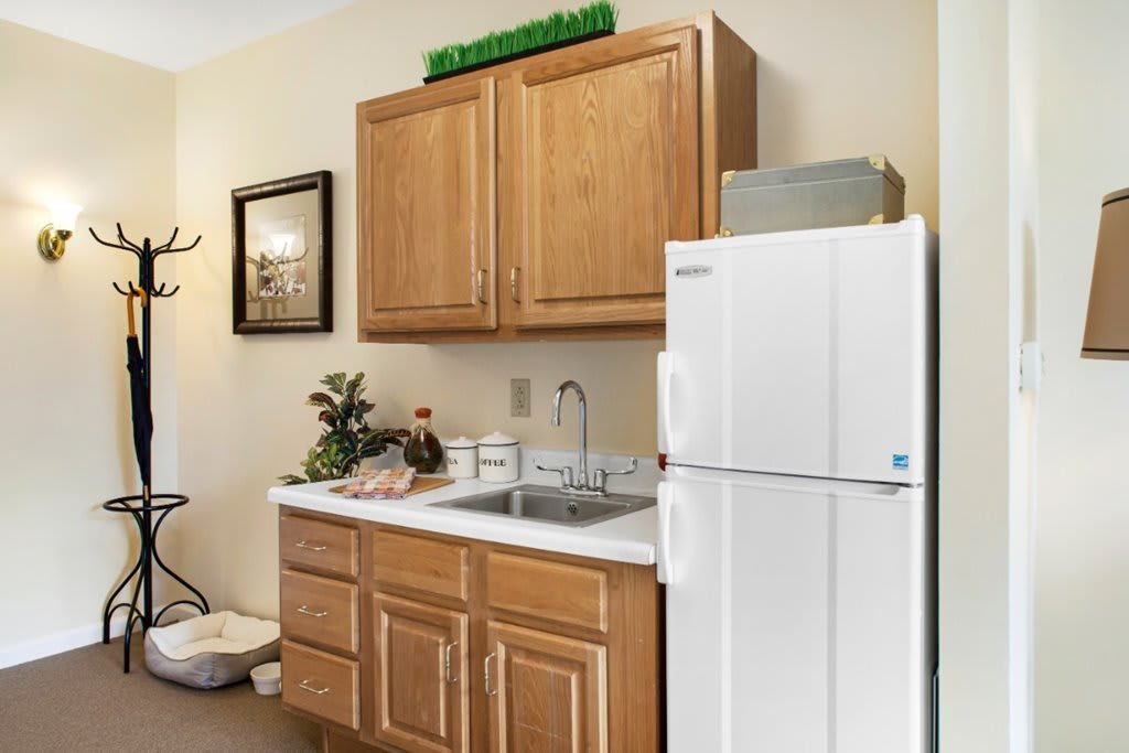 A compact kitchen setup with wooden cabinets, a white refrigerator, and a sink area.