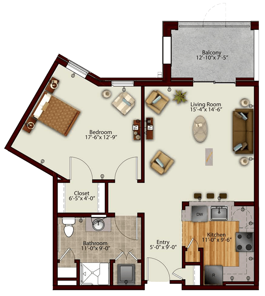 A detailed floor plan showing the layout of an apartment, including a bedroom, living room, kitchen, bathroom, and balcony.