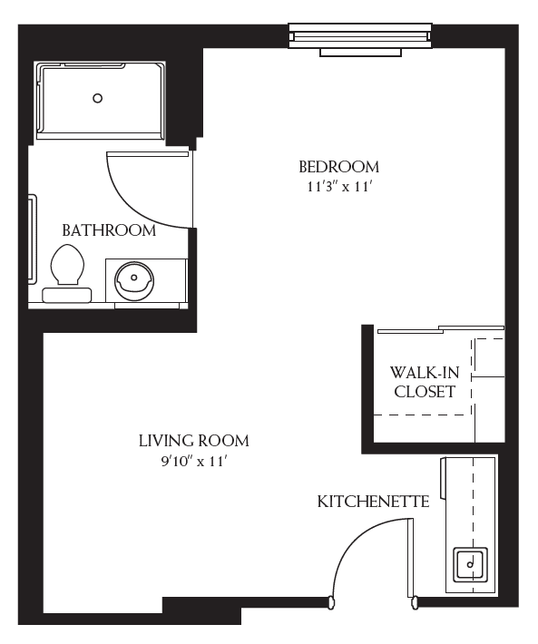 This is a floor plan of an apartment with a bedroom, bathroom, living room, walk-in closet, and kitchenette.