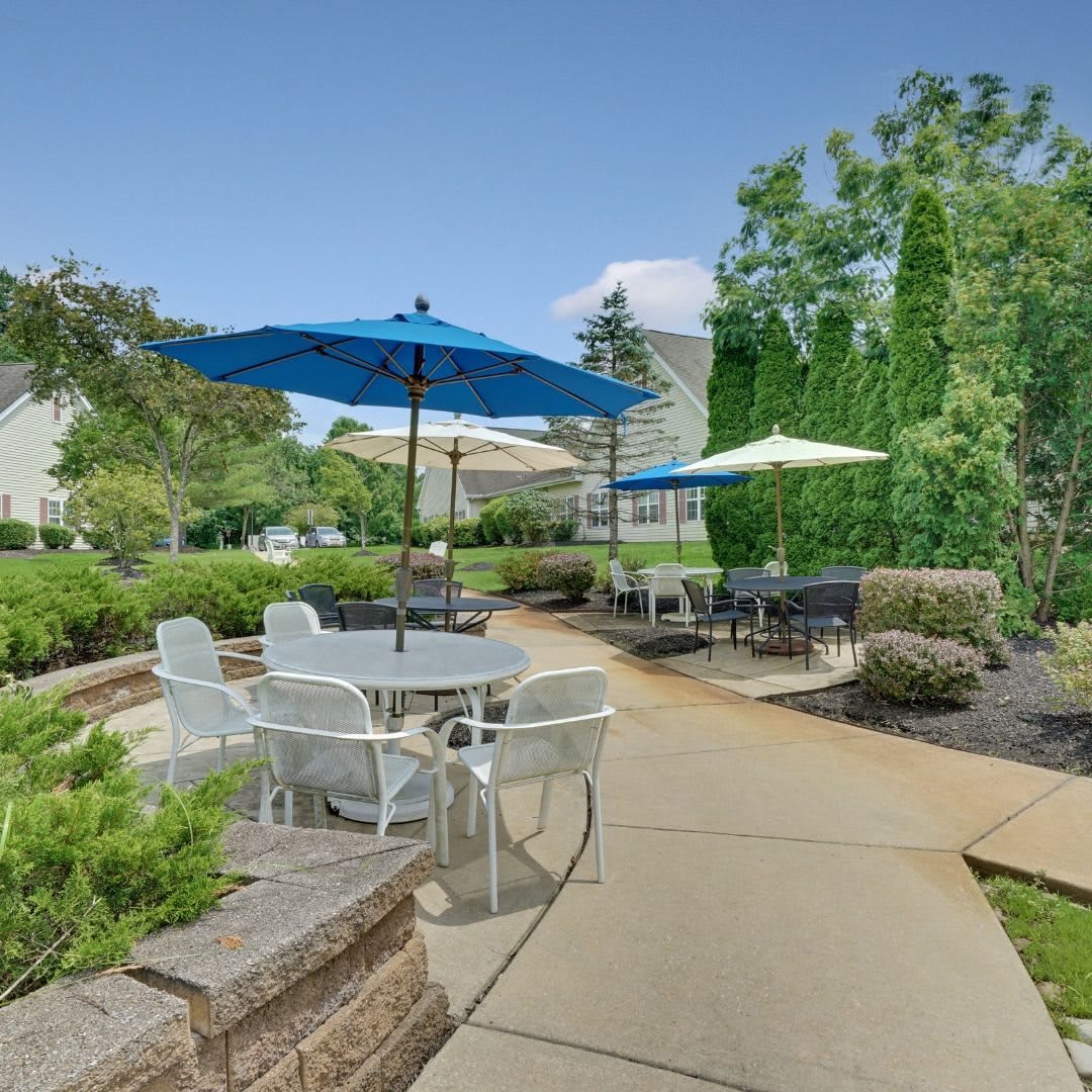 A peaceful outdoor patio area with tables, chairs, and umbrellas surrounded by lush greenery and a well-maintained pathway.
