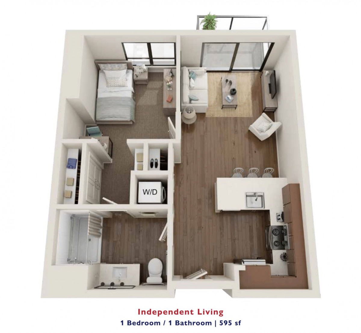 One-bedroom apartment floor plan with modern amenities and an open layout.